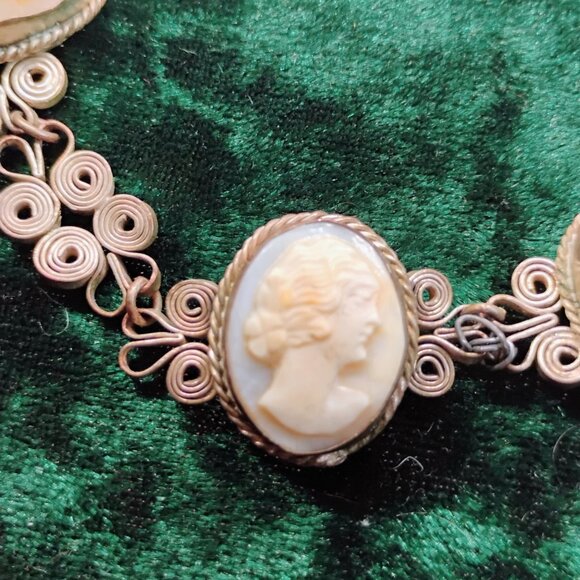 Antique/Vintage Silver Filigree Carved Shell Cameo Bracelet 8" - Picture 7 of 14
